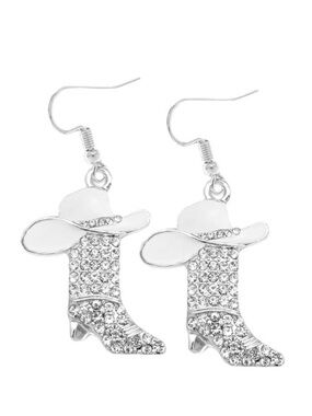 Rhinestone Cowboy Boot Dangle Earrings - Silver